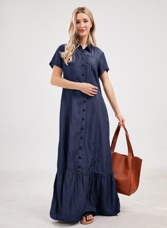 utcoco Womens Short Sleeve Denim Maxi Dress Casual Loose Fit Button Down Long Jean Dresses (X-Large, Dark Blue) - Image 3